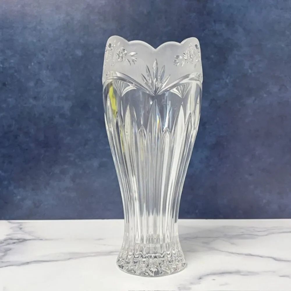 Heavy Clear Glass Vase Frosted Roses Scalloped Rim 10 in 4.3 lb